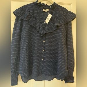 Loft women’s shirt size large lg l NWT blue ruffle button-up